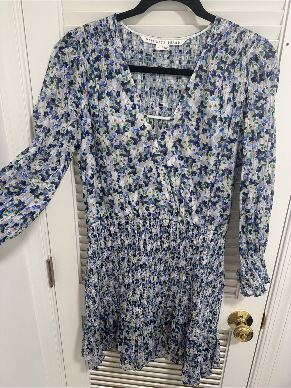 Veronica Beard Blue Floral Long-Sleeve V-Neck Dress